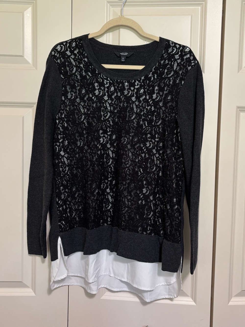 Simply Vera Vera Wang Black Lace-Front Scoop Sweater with White Layered Hem